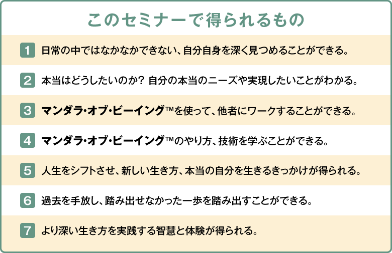 このセミナーで得られるもの 1.日常の中ではなかなかできない、自分自身を深く見つめることができる。 2.本当はどうしたいのか?自分の本当のニーズや実現したいことがわかる。 3.マンダラ・オブ・ビーイング™を使って、他者にワークすることができる。 4.マンダラ・オブ・ビーイング™のやり方、技術を学ぶことができる。 5.人生をシフトさせ、新しい生き方、本当の自分を生きるきっかけが得られる。 6.過去を手放し、踏み出せなかった一歩を踏み出すことができる。 7.より深い生き方を実践する智慧と体験が得られる。